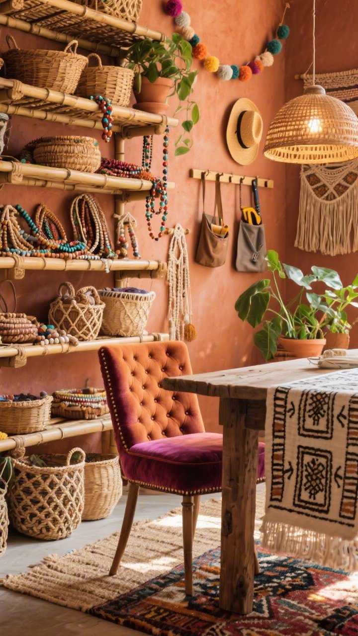 Detail/texture shot, Boho Maximalist Craft Haven: closeup of layered rattan and bamboo shelves against clay terracotta walls, filled with baskets, beads, and macramé cords; a corner of a reclaimed wood table draped with a block-printed runner; tufted velvet chair seat edge in warm jewel tone; woven wall hangings and pom-pom garlands overlapping in the background; peg rail with a sun hat and tool pouches; potted plants with sunlit leaves; warm rattan dome pendant glow and beaded table lamp bokeh; layered rugs visible below—jute base with a patterned kilim on top; sun-warmed, eclectic mood, shallow depth of field.