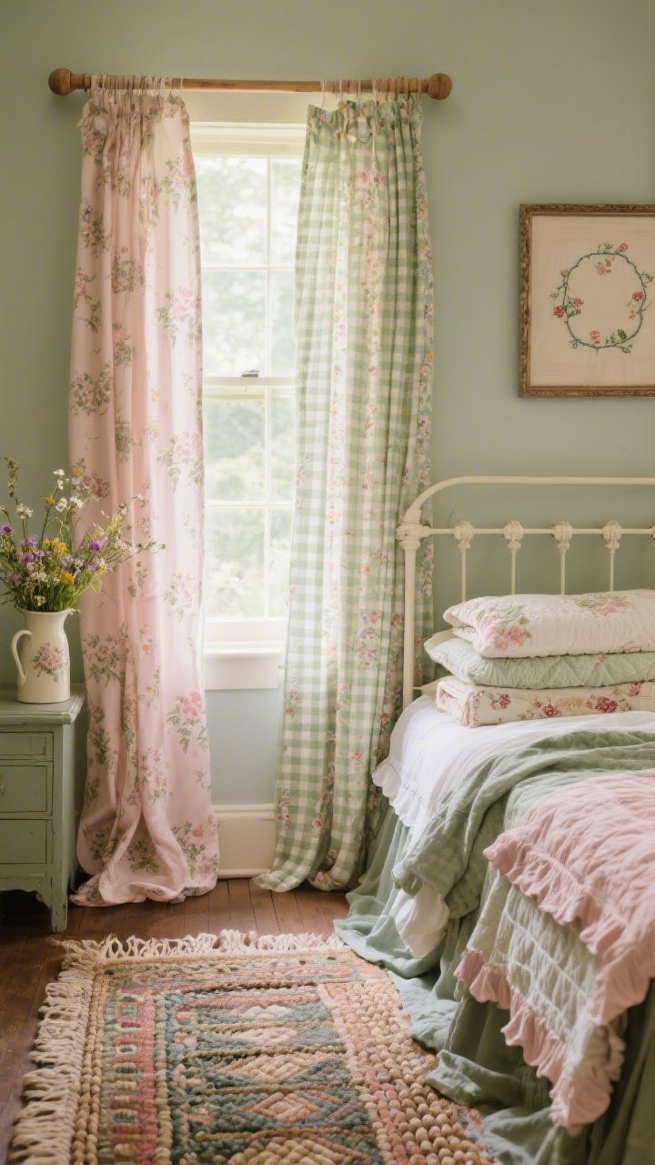Detail vignette, cozy morning light: Layered window treatment with soft floral chintz drapes in blush and sage slightly puddled on the floor, in front of gingham cafe curtains for daytime sweetness; painted wood rod in cream echoing the palette; nearby elements include the edge of a painted iron bed, a stack of quilts and scalloped bedding, a vintage kilim/braided rug peeking underfoot, framed needlework on the wall, and a jug of wildflowers on the nightstand; cozy, storybook, collected mood, photorealistic.