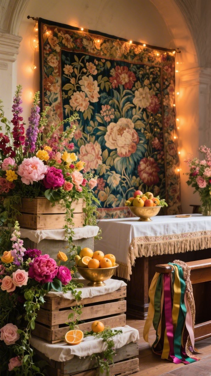 Detailed closeup, low-angle crop capturing the Floral Tapestry Revival richness: a fabric tapestry with floral/painterly pattern hanging high as a focal backdrop, fairy lights subtly glowing behind it; foreground shows tiered floral platforms built from wooden crates wrapped in linen, overflowing with peonies, snapdragons, garden roses, trailing ivy; a glimpse of a low embroidered altar cloth with delicate fringe; mixed ribbon streamers on a nearby pew end in varied widths and textures; a brass bowl filled with citrus and quince as an organic color pop. Warm amber lighting with gentle pin-spots highlighting key arrangements; jewel tones blended with spring brights—magenta, saffron, emerald, soft petal pink—accented by antique brass; photorealistic, lush and abundant.