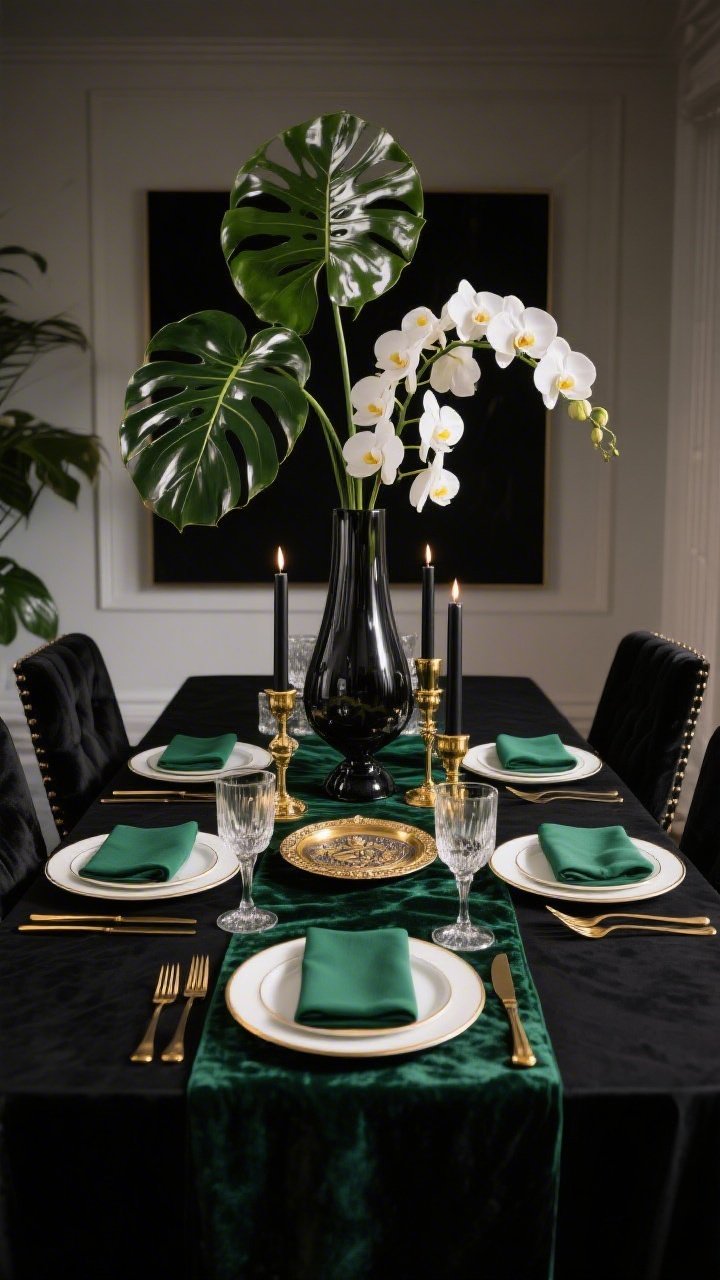 Dramatic wide shot from a low angle: Black-tie botanical glam dining scene. Black linen tablecloth with a deep emerald velvet runner. Black stoneware chargers beneath bone-china plates with a fine gold rim, emerald napkins folded into sleek rectangles. Tall glossy monstera leaves and white orchids arranged in smoked-glass vases form a sculptural centerpiece. A black-and-gold Seder plate adds controlled drama. Gold flatware, tapered black candles, and crystal coupe glasses shimmer. Upholstered black or velvet dining chairs. Palette of black, emerald, white, and polished gold. Evening mood lighting with soft highlights and deep shadows, photorealistic.
