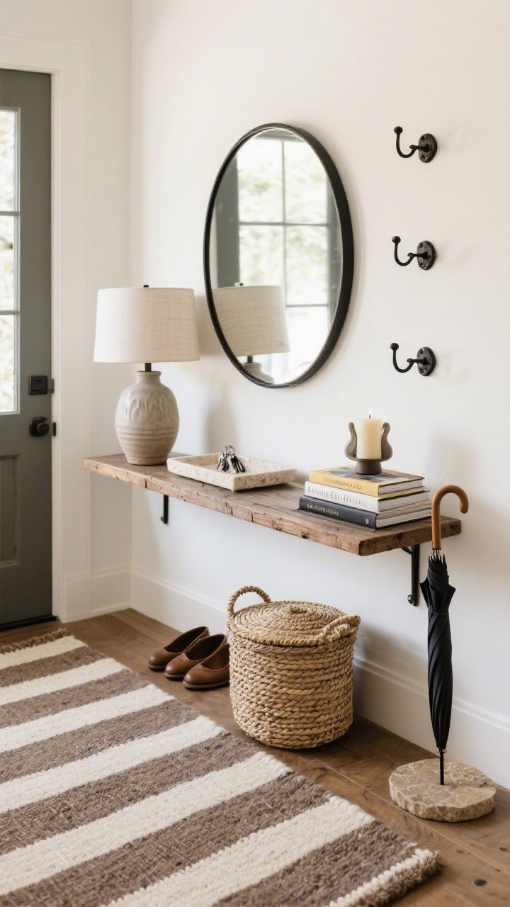 Entryway closeup/detail from overhead-plus-front hybrid angle: warm white walls; weathered oak narrow console; large round mirror with a thin black frame reflecting soft light; flatweave rug in taupe-and-ivory stripe partially visible underfoot; stoneware lamp on the console; shallow travertine tray holding keys; woven basket below for shoes alongside a lidded seagrass basket and slim umbrella stand; trio of black metal wall hooks; a small stack of art books topped with a sculptural candle; welcoming, earthy, layered feel.