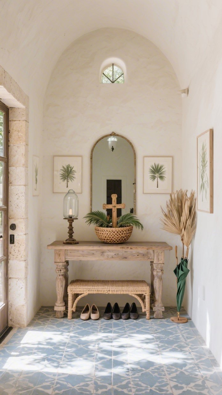 Entryway like a sunlit courtyard-chapel: medium-wide foyer with limestone beige walls and patterned encaustic floor tiles in soft gray-blue; carved wood console table holding a vintage bowl piled with woven palm crosses and a tall glass hurricane lamp; simple arched mirror above the console bouncing light; flanking botanical palm prints; low woven bench for shoes and a narrow umbrella stand with a few dried palm fronds; palette of limestone, blue-gray, natural rattan, leaf green; soft natural daylight; photorealistic, slight corner angle to show depth.