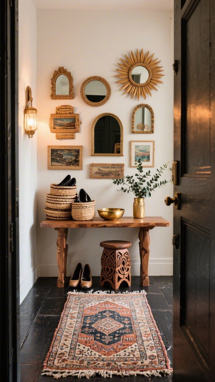 Entryway medium shot: Global Gypsy scene with a Turkish vintage runner laid over dark floors, a mango wood console table topped with a brass catchall and eucalyptus sprig, a gallery of mixed travel mirrors (arched, round, sunburst) layered above, stacked woven baskets in natural and black for shoes, and a hand-carved stool tucked beneath the console; warm ambient lighting.