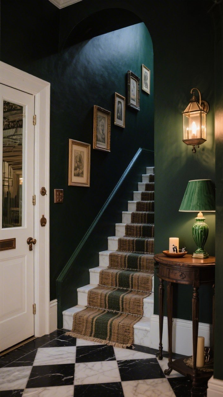 Entryway medium-wide, low-angle from the door: walls in blackened green with a satin sheen glowing under lantern-style lighting; black-and-cream checkerboard tile floor creating a tailored base; slim antique console table topped with a green-glazed lamp and a small dish for keys; gallery of vintage frames ascending the staircase in asymmetrical balance; oil-rubbed bronze door hardware and hinges visible; narrow handwoven runner with earthy stripes; subtle cedar candle and boutique-hotel vibe; photorealistic, moody evening light.