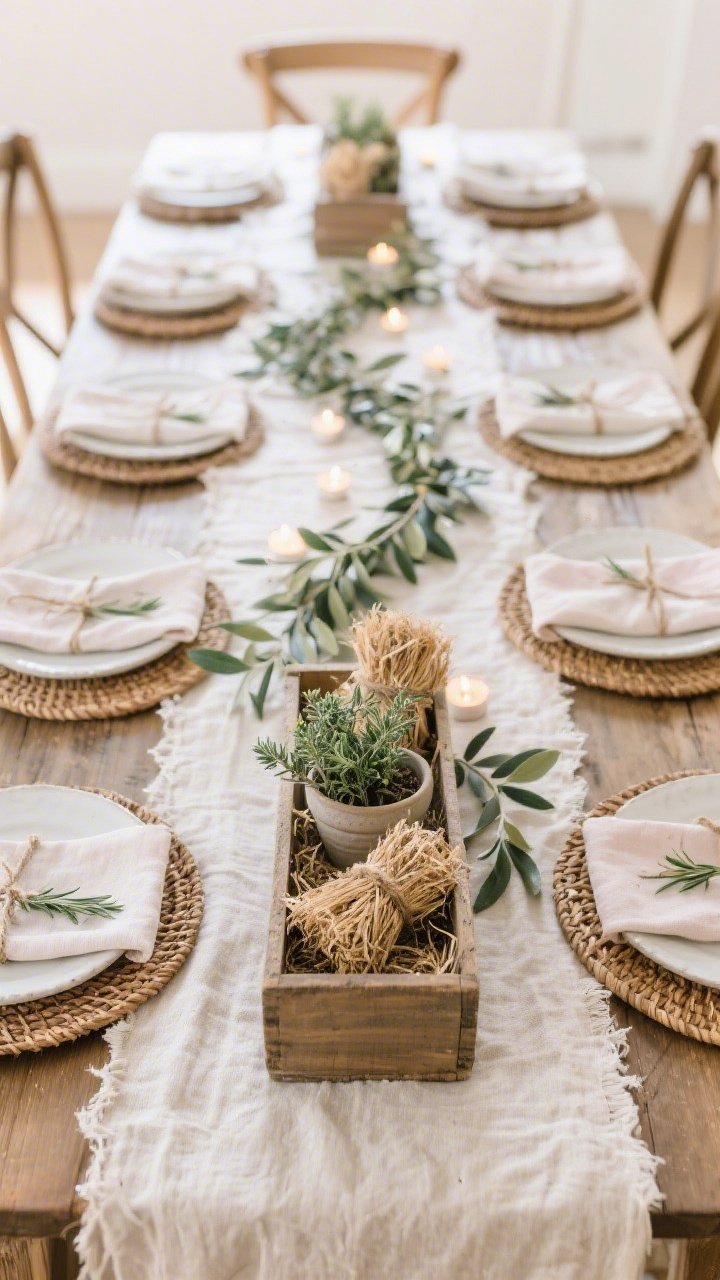 Farmhouse dining table brunch backdrop, overhead detail shot: long table dressed in a raw-edge linen tablecloth in natural flax; a crate centerpiece running down the middle filled with mini hay bundles and small potted herbs (thyme and rosemary); matte white stoneware plates on rattan chargers; linen napkins tied with twine and a sprig of eucalyptus; a garland of olive leaves trailing the table length with tiny tea lights nestled throughout; palette of flax, ivory, muted sage, and soft blush accents; focus on layered textures—linen, rattan, matte ceramic, and hay—lit by soft diffused daylight.