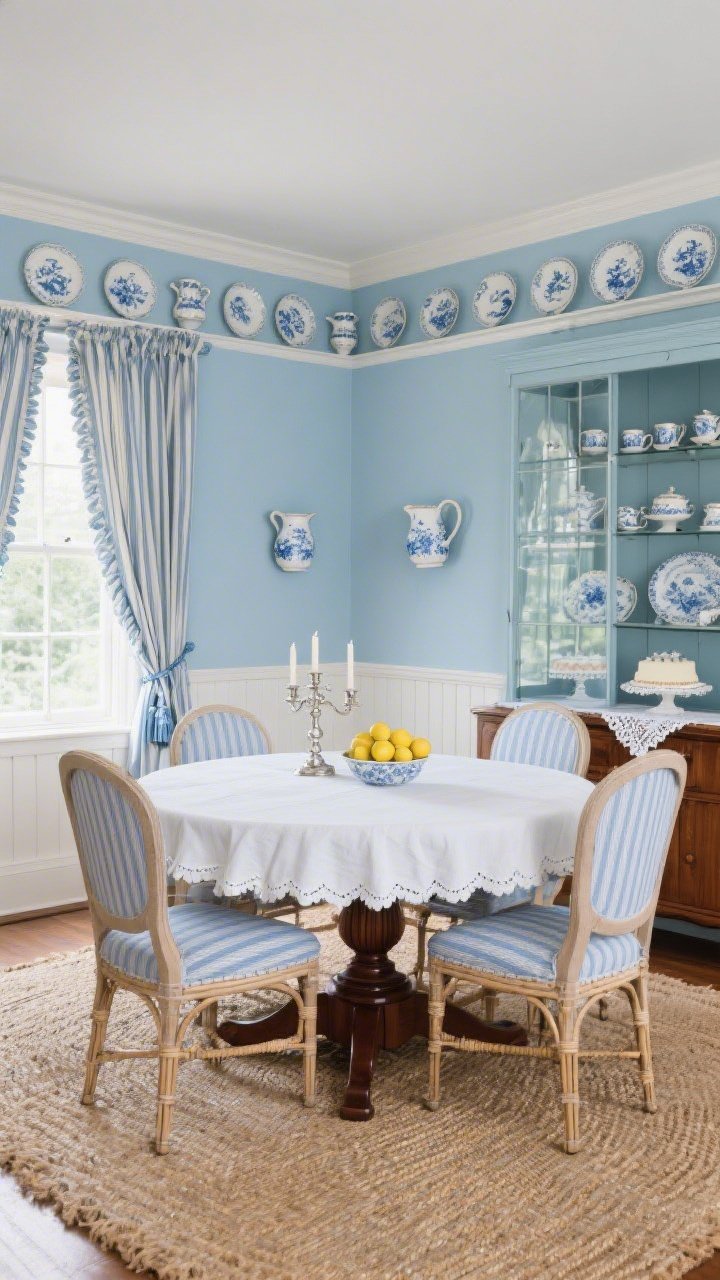Formal wide shot of a Blue Willow Dining Room, straight-on symmetry: powder blue walls with crisp white wainscoting; mahogany pedestal table centered, cane-back chairs upholstered in soft blue ticking; room-wrapping plate rail displaying Blue Willow china and ironstone pitchers; scalloped linen tablecloth, silver candelabra, and a bowl of lemons as centerpiece; natural jute rug for texture; striped cotton curtains with tie-backs and subtle ruffle framing the windows; glass-front hutch on the sideboard filled with teacups, cake stands, embroidered napkins. Photorealistic, dignified Sunday-supper ambiance.