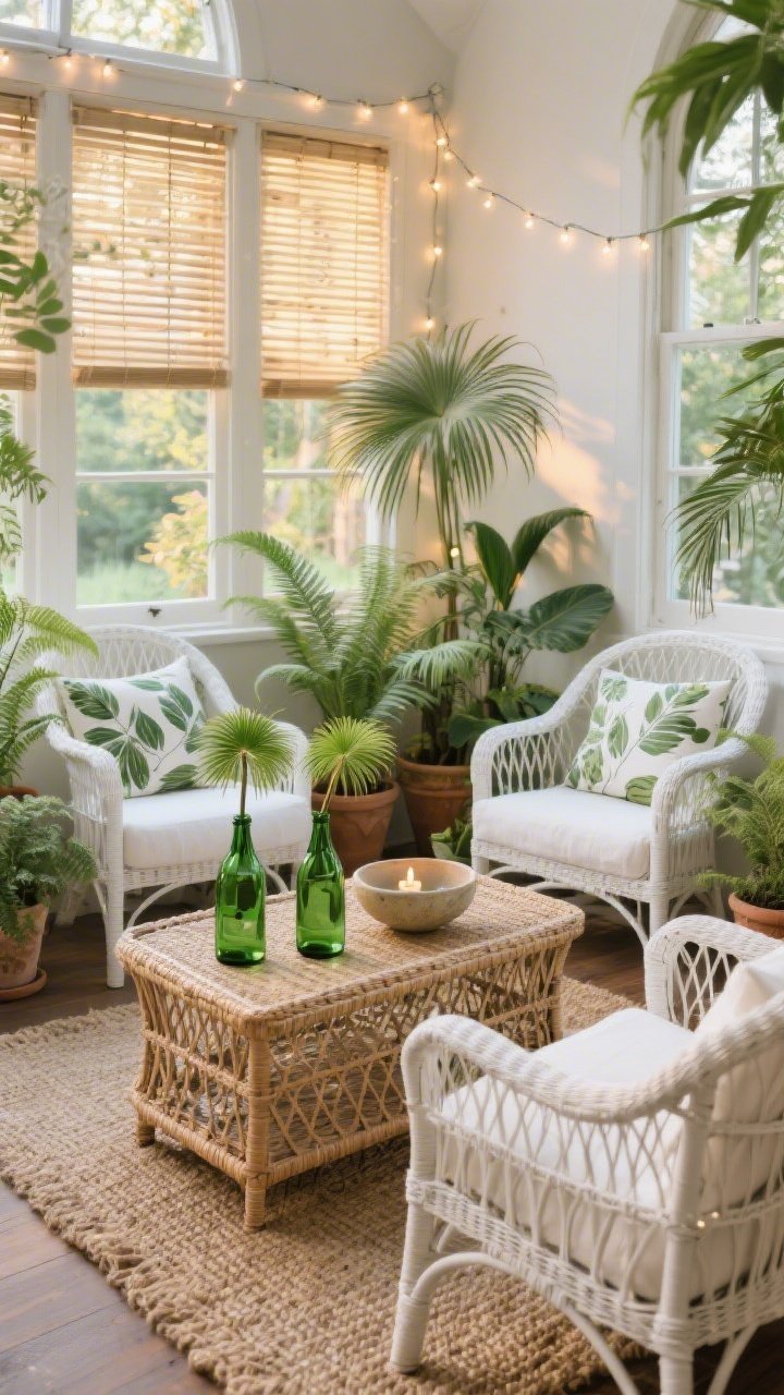 Garden-chapel sunroom, botanical and serene: wide shot of white-painted wicker chairs with leafy-print cushions around a rattan coffee table; clustered potted parlor palms and ferns at varying heights; sisal rug underfoot, bamboo blinds on windows; trio of green glass bottles on the table each with a single palm stem, plus a small ceramic font-style bowl with floating tea lights; delicate fairy lights strung along window frames, captured at golden hour for soft twinkle; textures of wicker, rattan, sisal, cotton-linen; photorealistic, airy mood, corner angle.