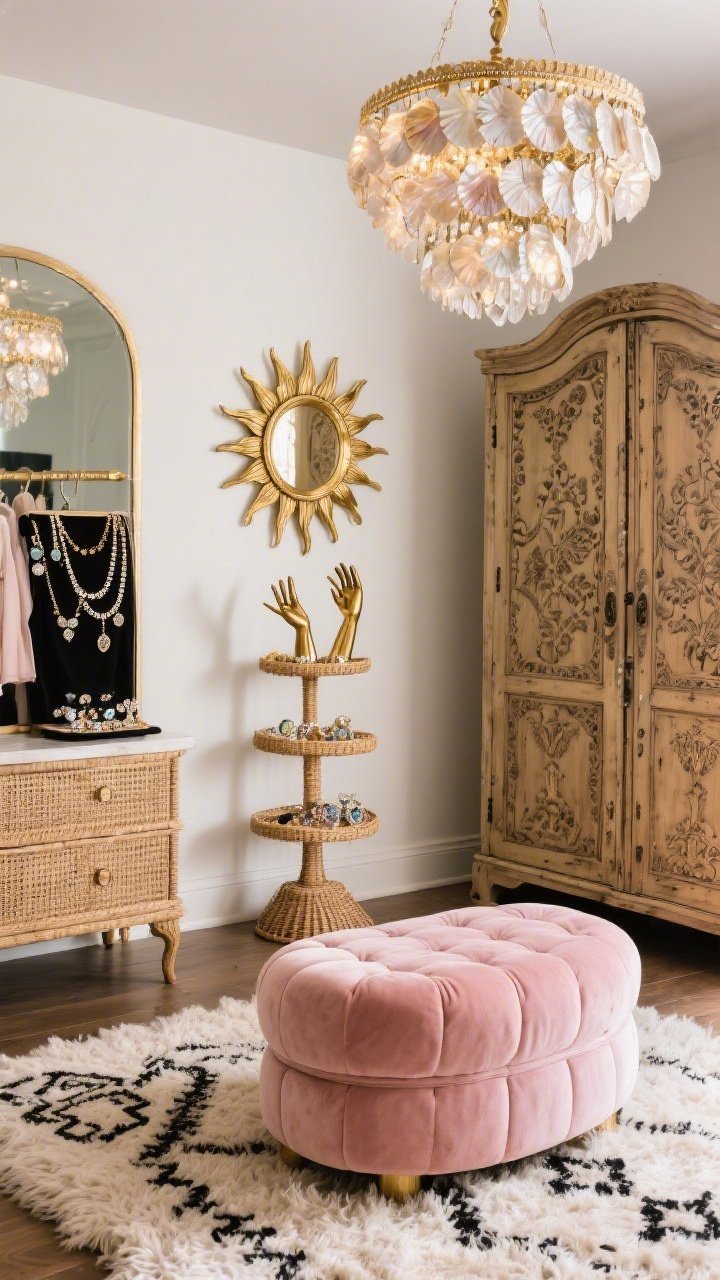 Glam dressing room medium shot: Boho Glam scene with a vintage armoire with carved doors, plush Moroccan shag rug underfoot, a curvy velvet ottoman in blush at center, a gilded sunburst mirror on the wall, a tiered capiz shell chandelier shimmering above, and jewelry displayed on brass hands and a rattan valet stand; palette of blush, gold, ivory, and inky black accents.