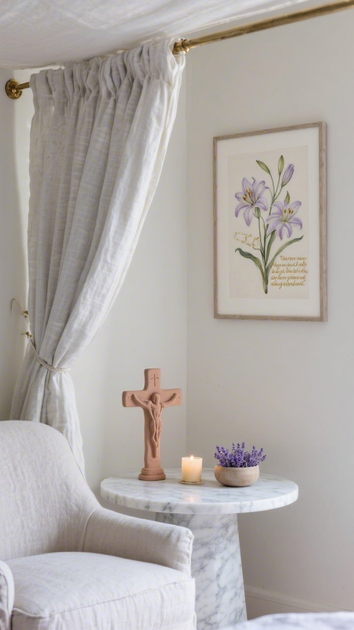 Intimate closeup of a serene bedroom chapel nook under a linen canopy: slipcovered accent chair partially visible beneath soft dove-gray and white linen drapery hung from a brass hook. On a small marble pedestal table, a handmade clay prayer cross, a lit beeswax votive, and a tiny bowl of lavender buds. Above, a simple framed print of lilies with an illuminated verse in antique gold ink. Muted lavender accents, gentle morning light, hushed and sacred atmosphere, photorealistic.