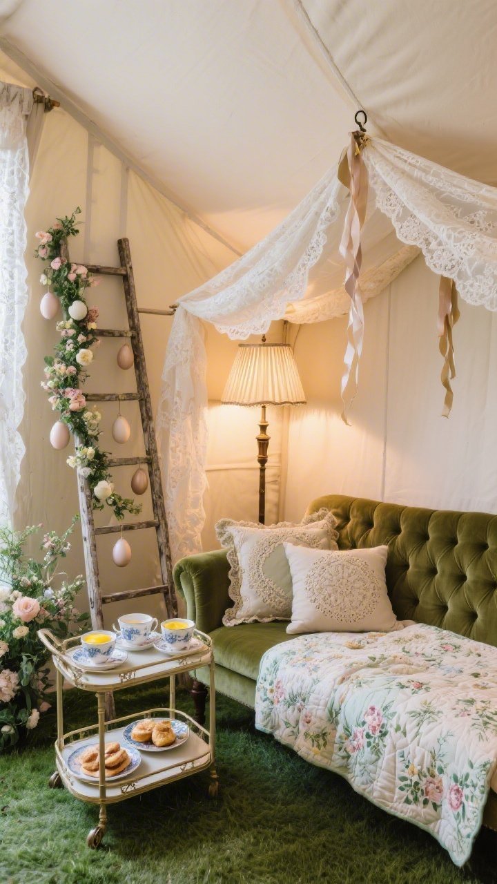 Intimate corner medium shot, low angle: An indoor garden-tent lounge where lace panels are draped from a ceiling hook to form a canopy over a low tufted chaise in moss velvet. Layered needlepoint pillows and a soft floral quilt create a meadow-bed vibe. A petite tea trolley nearby holds china teacups, lemon curd, and scones on mismatched saucers. A weathered ladder leans as display for muted floral garlands and silk egg ornaments, adding vertical romance. A vintage floor lamp with a pleated shade casts a softly lit halo with ribbon streamers. Cozy, theatrical mood with gentle, diffused lamplight.