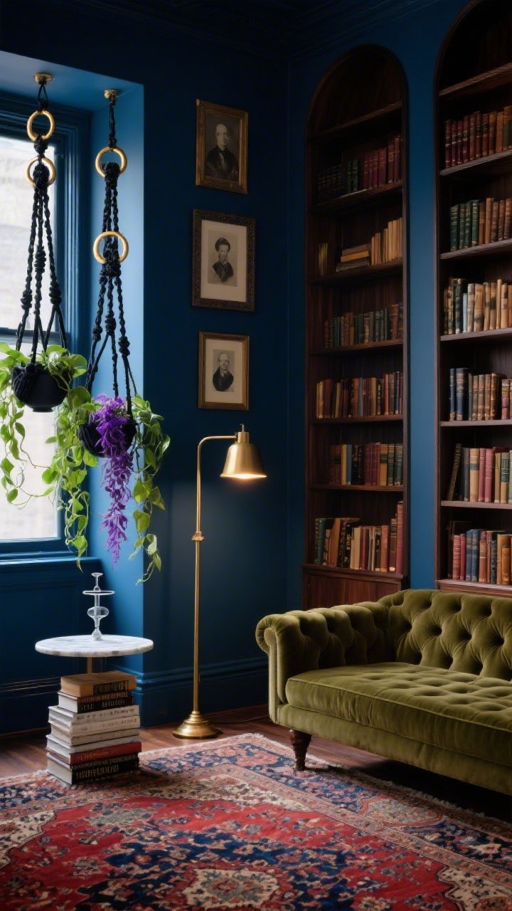 Intimate medium shot of a moody library corner; ink blue walls with tall dark walnut bookshelves; tufted olive velvet sofa in front of a Persian-style rug with inky reds and indigos; two black macrame plant hangers with brass rings by a window holding a trailing satin pothos and a purple wandering Jew; brass pharmacy floor lamp casting focused warm light; small marble-topped side table stacked with poetry; vintage portraits in mismatched frames on the wall; deep, dramatic ambiance, photorealistic.