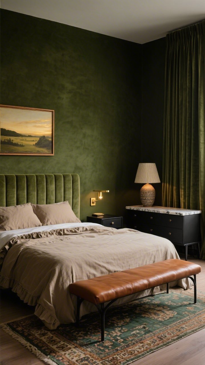 Intimate medium shot of a moody olive bedroom: deep olive walls in velvety matte finish; low-profile upholstered bed in mushroom linen with ruffled flax bedding; cognac leather bench at the foot; blackened metal nightstands flanking the bed; sage-green curtains with a subtle stripe; vintage Turkish runner on the floor; black-and-brass bedside sconces with dimmers casting soft warm pools of light; marble-topped dresser and a ceramic table lamp with pleated shade; slim wood-framed landscape paintings; photorealistic, golden-hour warmth.