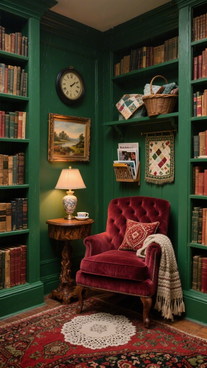Intimate medium shot of a Needlepoint Nook Reading Room from a diagonal angle: deep library green walls lined with built-in bookcases filled with worn hardcovers; central tufted velvet chair in burgundy with a needlepoint cushion; burl-wood side table holding a cup-and-saucer; banker’s lamp casting warm task light; Persian rug in reds and olives underfoot; lace doily beneath a ceramic lamp on a shelf; oil landscapes in heavy frames and a small wall clock with Roman numerals; basket of quilts, embroidered-panel magazine rack, and a tassel-knit throw draped over the chair back. Photorealistic, rainy-day coziness.