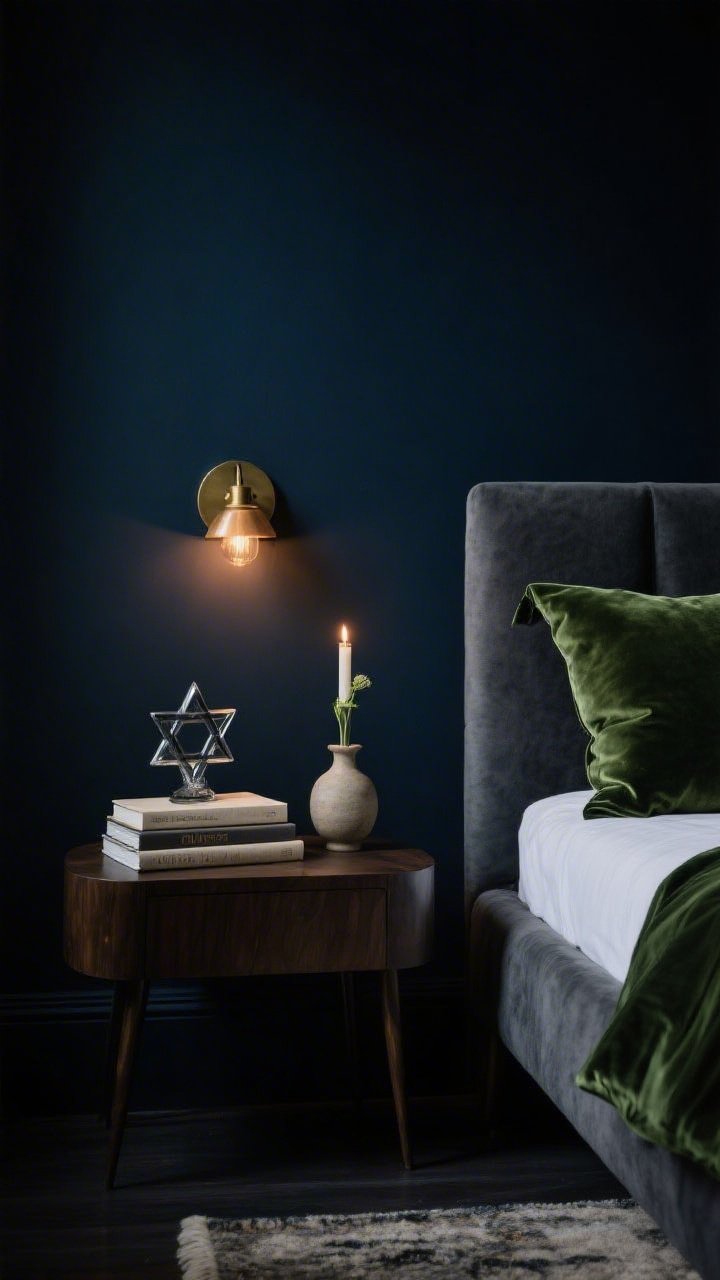 Intimate nightstand closeup in a moody bedroom, low-light ambiance: deep blue-black wall backdrop; charcoal upholstered bed edge slightly visible with forest green velvet pillows out of focus; on the nightstand, a smoked glass Star of David candle holder with a lit taper casting inky reflections; stack of linen-bound journals and a small ceramic bud vase beside it; warm, dimmable bedside sconce with subtle brass detail providing secondary glow; textiles hinted: Belgian linen, sateen, wool rug; low-light haven, photorealistic.