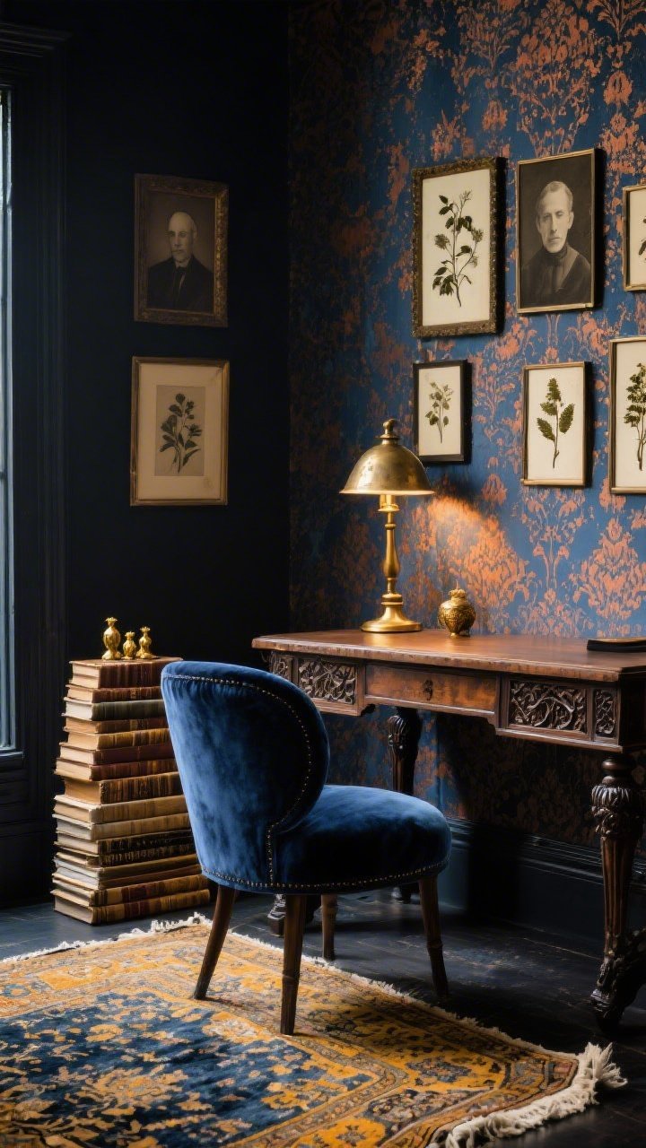 Intimate study medium shot with a moody indigo-and-copper damask wallpaper that looks timeworn; velvet slipper chair in midnight blue beside a carved dark wood desk; patinaed brass task lamp casting warm, focused light; layered Persian-inspired rugs; stacks of horizontally arranged books with small brass trinkets on top; gallery wall of sepia portraits and pressed botanicals; textures of velvet, aged leather, and frayed-edge linen highlighted; palette of indigo, saffron, antique gold, and inky black; atmospheric and storied, photorealistic.