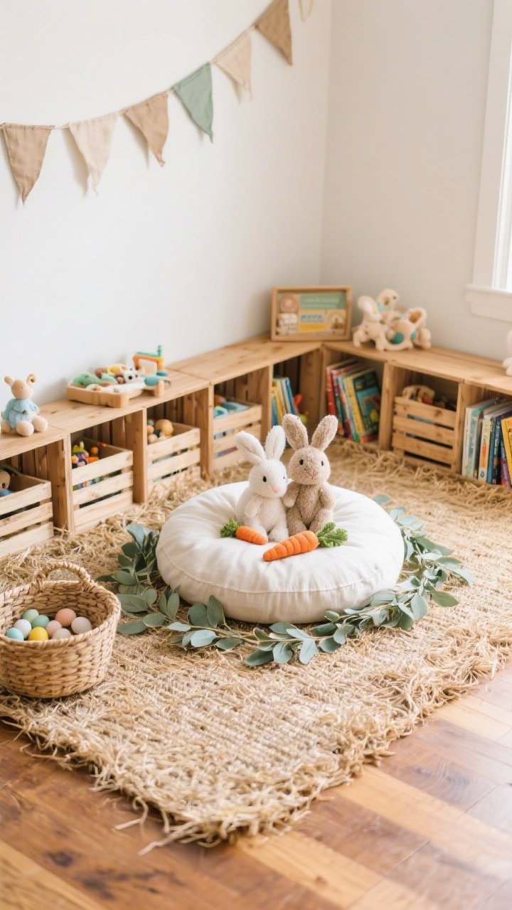Kid-friendly playroom story corner, detail-focused closeup from low angle: faux hay mats (or seagrass mats) layered on the floor against a warm wood baseboard; a row of wooden crates along the wall used as book bins and toy display; a thick linen floor cushion centered with plush bunnies, felt carrots, and soft leafy garlands around the edges; calm palette of ivory, wheat, pale sage, and warm wood; canvas bunting overhead and a low rattan basket nearby for egg hunts; soft, even natural lighting emphasizing cozy textures without harsh shadows, no people.