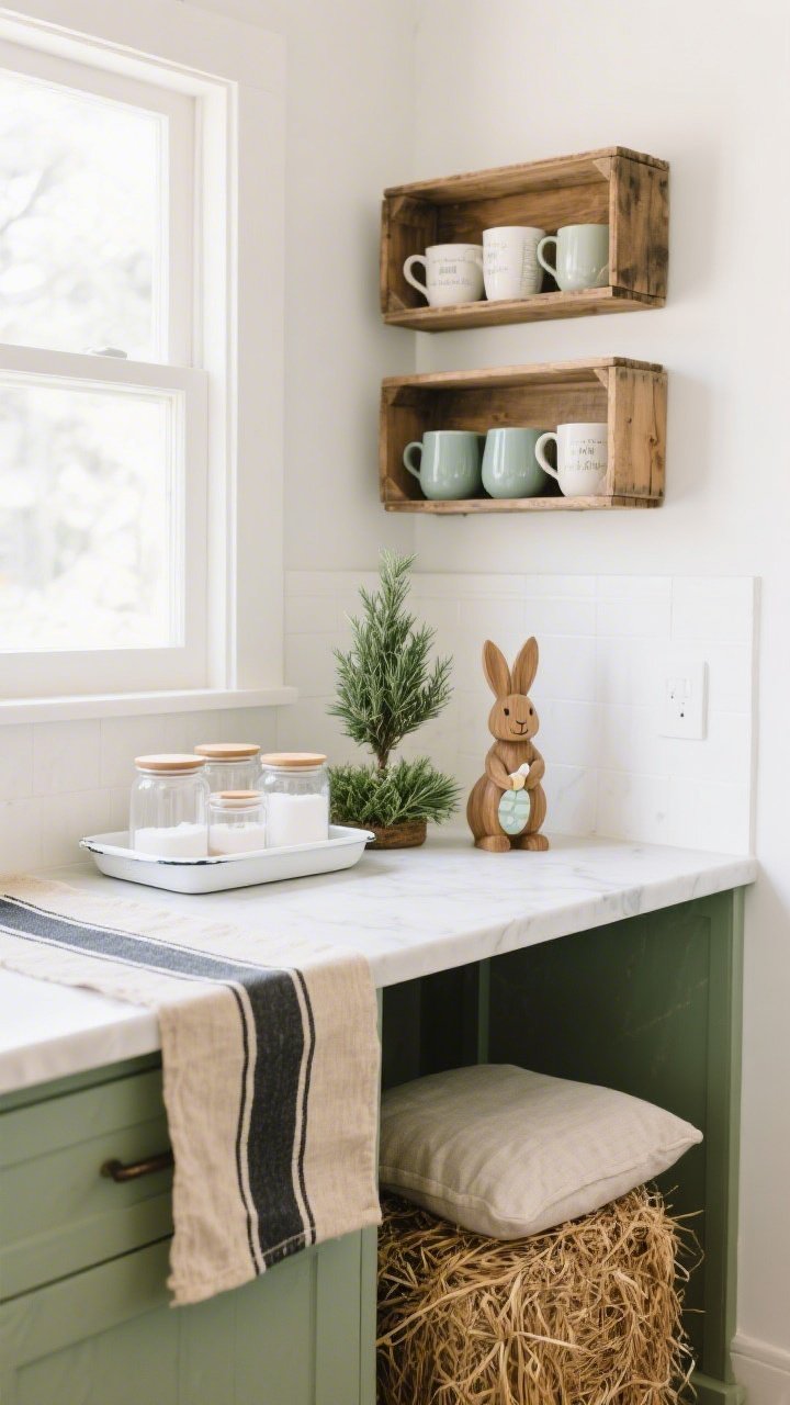 Kitchen coffee corner with bunny bar, medium shot at counter height, slight side angle: two wooden crates stacked vertically as open shelving for mugs and display; a hay bale stool tucked under the counter wrapped with a simple linen cushion; counter draped with a grain-sack stripe runner (oatmeal with charcoal stripe); a white enamel tray holding sugar jars and clear canisters with wood lids; a small rosemary topiary; a simple wooden bunny figurine for Easter charm; creamy white, oatmeal, charcoal stripe, and herb green palette; bright yet soft kitchen daylight for a clean, calm feel.