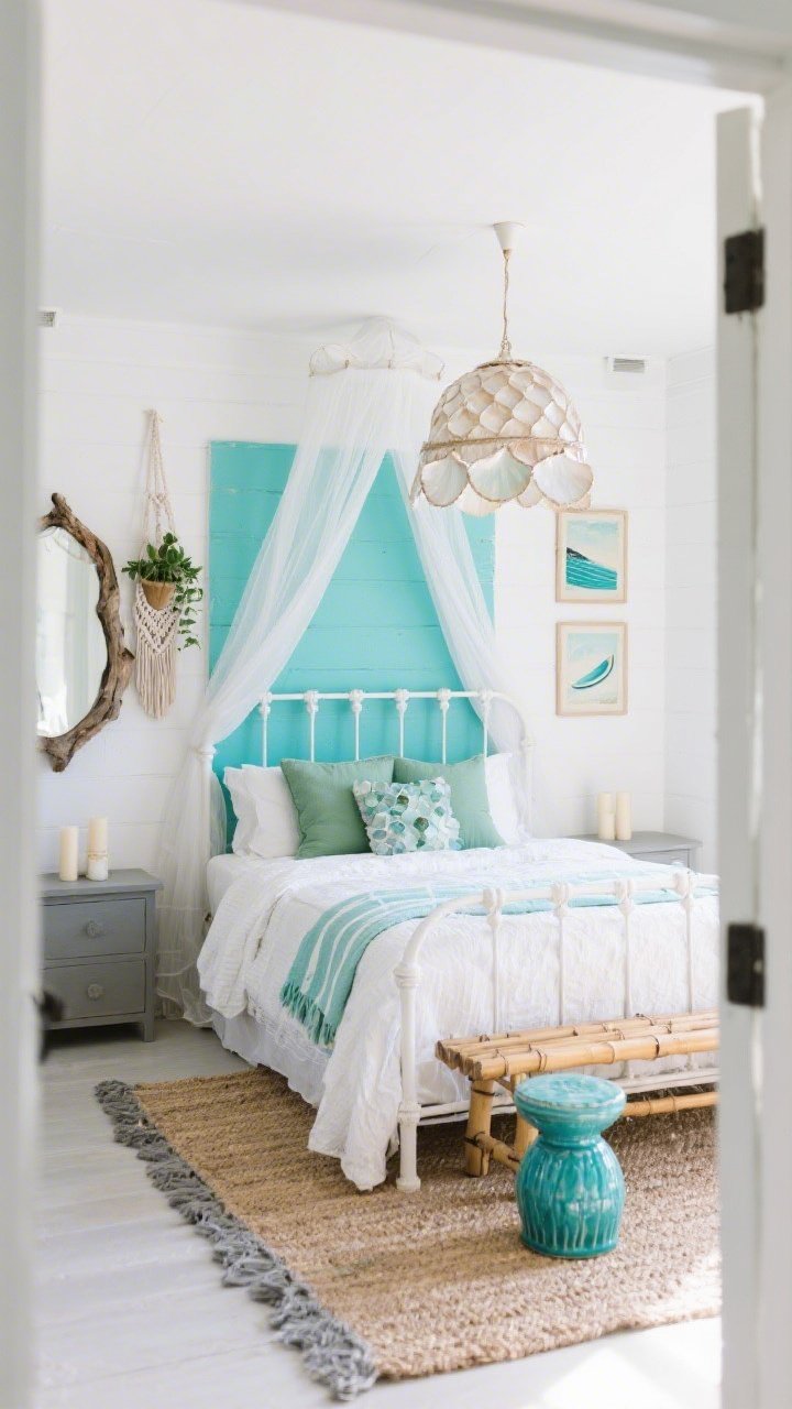 Medium angle from doorway, Coastal Hippie Drift: white walls with one washed-turquoise accent wall; white metal bed frame with flowing gauze canopy; layered textured white bedding with sea glass green pillows and a pale turquoise striped throw; natural jute rug with hints of gray-beige; capiz shell pendant overhead and seasalt candles on a driftwood-gray nightstand; macramé plant hangers, driftwood mirror, framed vintage surf prints; low bamboo bench at the foot of the bed and a turquoise ceramic stool as a nightstand; bright, breezy daylight, photorealistic.