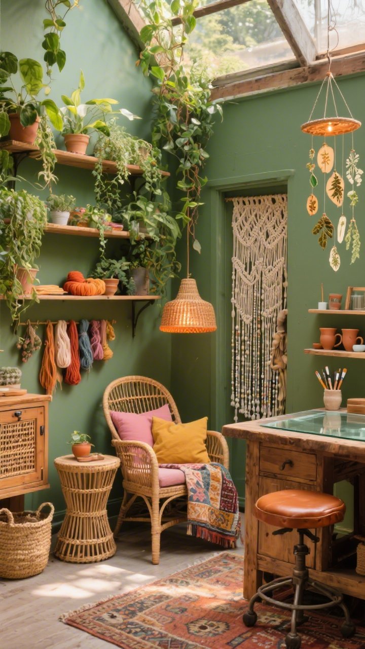 Medium angled shot from a corner: A boho-artist greenhouse craft room with sage green walls and abundant plants cascading from staggered wall shelves like living garlands; rattan chair, woven side table, and a rattan pendant; sunset tones of terracotta, mustard, and dusky pinks in pillows and accessories; a reclaimed wood table over a kilim rug, a kantha quilt draped over the chair; cane-front cabinets, seagrass baskets, macramé hangers for yarn and ribbon; a glass-topped desk reflecting light, a vintage caramel leather drafting stool; beaded curtain at the closet, pottery cups for brushes, and a hanging mobile of pressed botanicals; warm, sun-kissed glow, photorealistic.