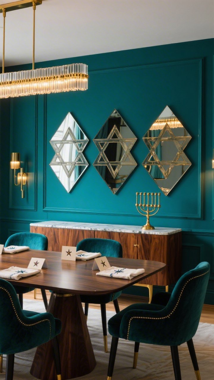 Medium, angled view of a Luxe Art Deco dining room: deep teal walls with narrow tone-on-tone picture molding; a streamlined walnut dining table surrounded by velvet chairs with slim blackened-brass legs. Above a walnut sideboard, a trio of smoky-mirror Star of David panels arranged as a triptych is the focal point, reflecting a linear brass chandelier overhead. On the credenza, a marble-and-brass menorah sits centered for everyday elegance. Table styling includes crisp linen napkins with embroidered mini stars and star-stamped place cards. Color story: teal, walnut, brass. Evening ambient lighting with chandelier glow and soft reflections in the smoky mirrors. Photorealistic.