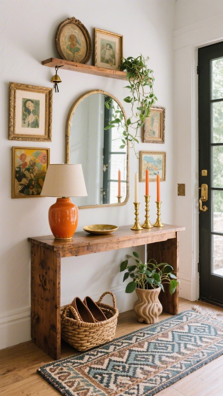 Medium angled view of an eclectic entryway console vignette: vintage wood console against a wall with a gallery of collected art and thrifted frames in layered sizes; an arched mirror integrated into the arrangement. On the console, a bright ceramic lamp on one side and a trio of gold candlesticks on the other with taper colors in terracotta, cream, and olive pulling hues from the artwork and a patterned runner (Moroccan or geometric) on the floor below. Basket for shoes tucked beneath, sculptural catchall dish, potted trailing plant draped from the top shelf, a tiny brass bell hook for keys. Natural daylight with gentle highlights on gold.