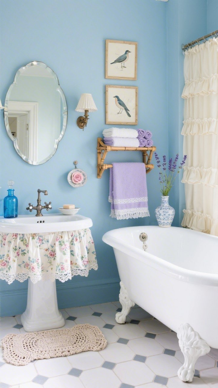 Medium bathroom angle: Bluebird bathroom with powdery robin’s-egg blue walls and a white clawfoot tub with porcelain feet; a pedestal sink dressed with a floral fabric skirt. Floor tiled in tiny white hex mosaics; a bamboo étagère holds neatly folded towels in lavender and cream accents. Textiles include lace-edged hand towels, a crocheted bath mat, and a ruffled shower curtain. Vintage-style hardware with porcelain knobs and cross-handle taps; blue glass apothecary bottles, a ceramic dish with a bar of rose soap, and framed bird prints on the wall. Pleated sconce shades flank a beveled mirror; a sprig of lavender in a bud vase completes the serene, classic mood, photorealistic.