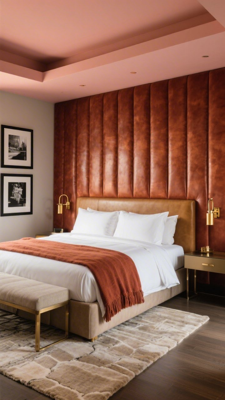 Medium bedroom scene, luxe hotel style: headboard wall in rich burnished rust, ceiling tinted a lighter clay-pink; tall channel-tufted camel leather headboard; crisp white hotel bedding with a rust-toned throw; brass swing-arm sconces replacing bedside lamps, freeing up minimalist nightstands; plush low-pile rug in stone/oatmeal; black-framed monochrome photography in a gallery arrangement; brushed brass accents; soft evening light with gentle shadows; straight-on composition.