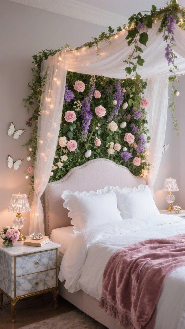 Medium bedroom shot from a gentle corner angle: A Romantic Bedroom Canopy Escape with a Floral Garden Easter Backdrop draped slightly behind the upholstered headboard like a living tapestry. Airy greenery with trailing ivy layered with blush roses, pale ranunculus, and touches of lilac. A few pearl-white butterflies float near the corners and over the marble-topped nightstands. Sheer canopy panels frame the bed; warm fairy lights are threaded subtly through the greenery. Palette: ivory, blush, lilac, and antique brass. Bedding: crisp white duvet, scalloped shams, velvet throw in dusty rose. Nightstand styling: cut-crystal lamp, small floral dish for jewelry, single book. Soft, warm evening glow. Photorealistic.