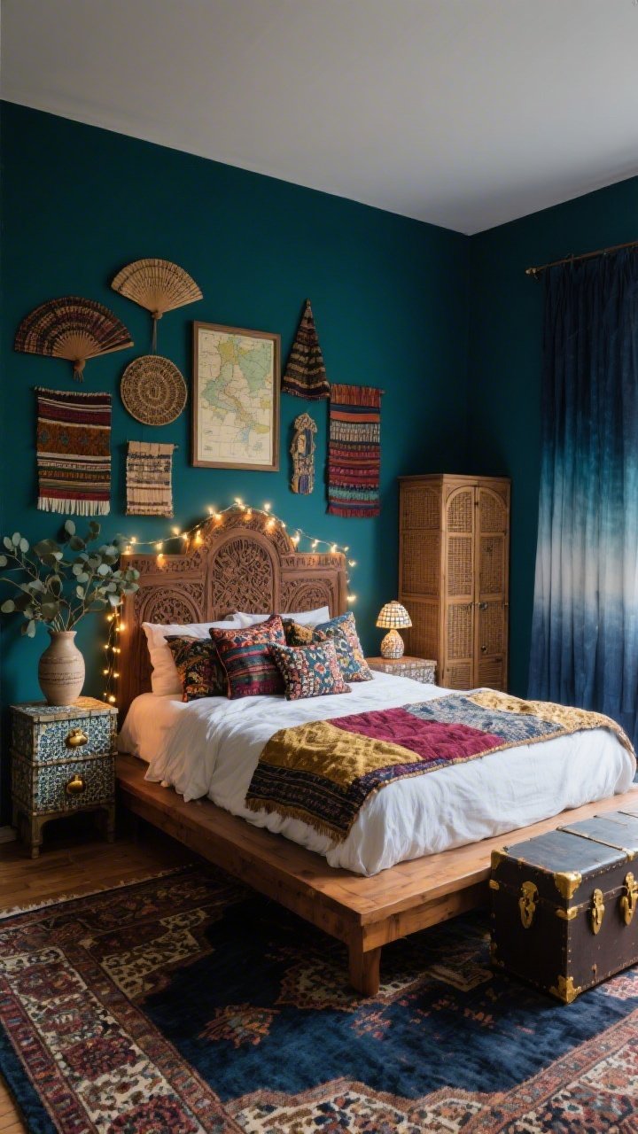 Medium bedroom shot, Moody Boho Bedroom With Global Layers: deep inky teal walls, a warm wood platform bed with a carved headboard dressed in crisp white linen sheets, a kantha quilt, and a pile of patterned cushions; floor grounded by a Persian-style rug in navy, maroon, and gold; mismatched vintage nightstands with brass pulls on either side, each with a small mosaic lamp casting a soft glow; wall art gallery of textile fragments, woven fans, and a framed map; a cane-front armoire and a trunk at the foot of the bed; curtains dyed ombré indigo; eucalyptus in a ceramic jug; fairy lights draped along the headboard; low, moody lighting, cozy and dramatic, photorealistic.