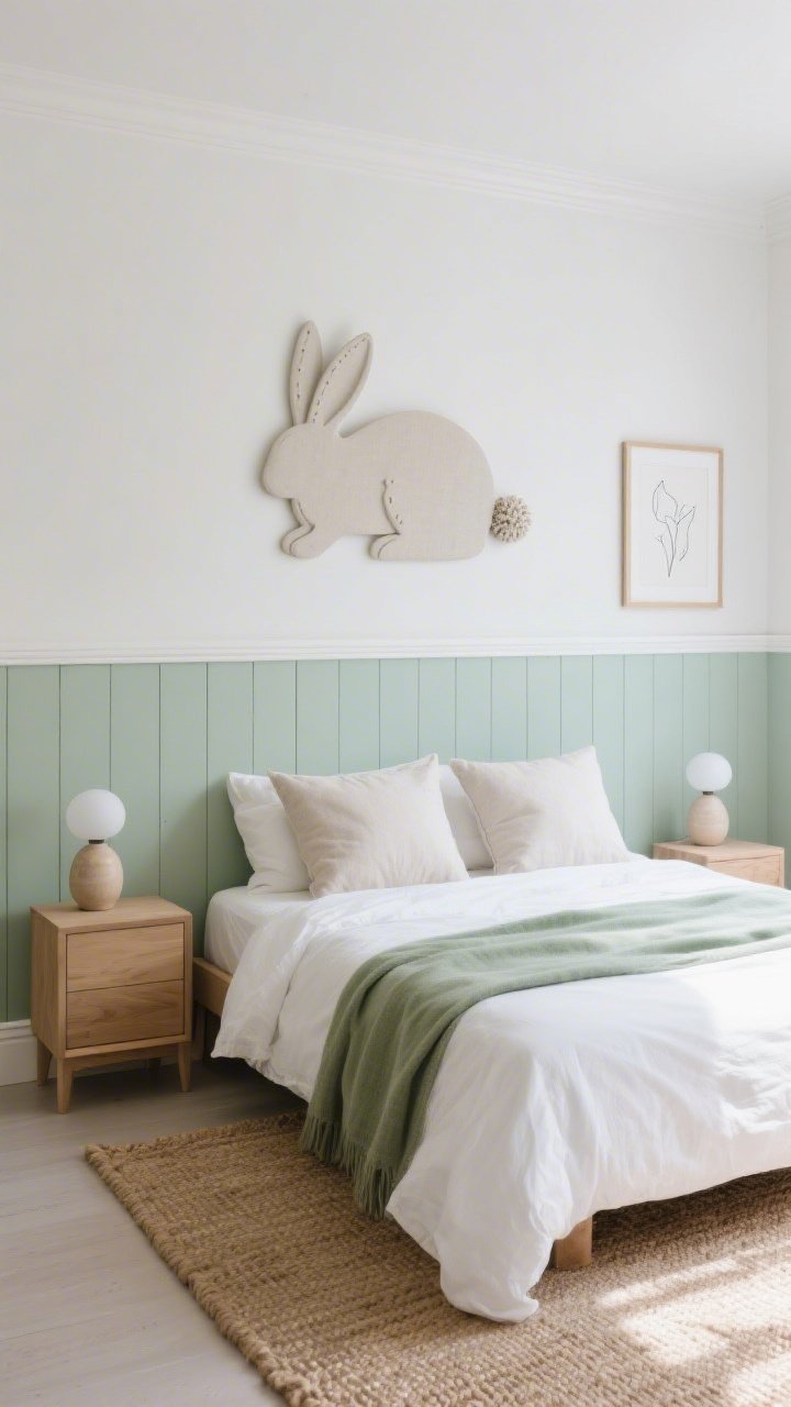 Medium bedroom shot, straight-on: minimalist guest room with a half-wall wainscot of soft pastel panels in pale pistachio capped by crisp white molding. Above the bed, a refined matte-plaster bunny silhouette as sculptural art, featuring a tiny linen tuft cotton tail—subtle, not cutesy. Snow-white duvet, pistachio throw, two flax-linen pillows. Light oak nightstands with ceramic globe lamps, a framed minimalist line drawing on the wall, and a natural jute flatweave rug grounding the space. Soft morning light, calm and modern, photorealistic.