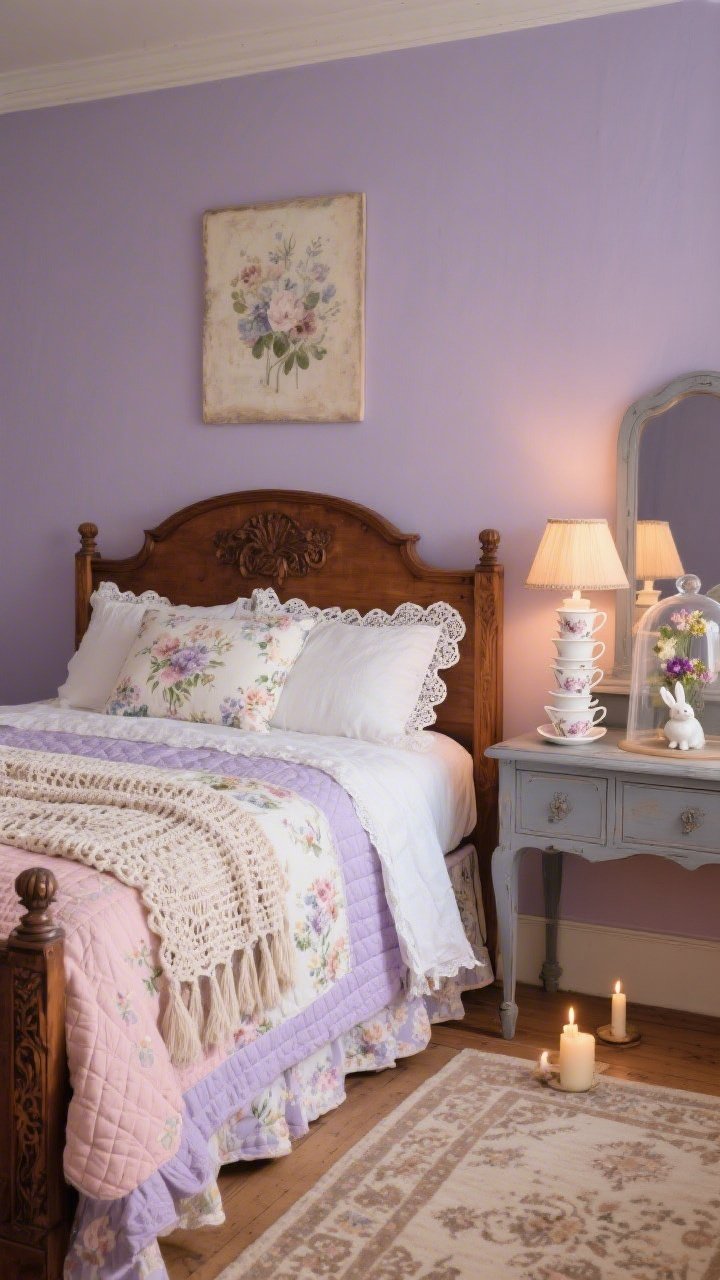 Medium bedroom shot, straight-on to the bed: A carved oak bed against misted lavender walls, dressed in layered quilts—one chintz floral and one scalloped-edge matelassé—with lace-edged pillowcases and a crochet throw. A lace runner drapes the footboard like a vintage veil. Bedside, a warm-glowing teacup lamp made of stacked porcelain cups. A painted vanity in French grey displays a glass cloche with pressed flowers and a tiny porcelain bunny. Above the headboard, muted floral art; a faded kilim in blush and taupe on the floor. Lighting is soft, candlelight cream warmth for heirloom romance.