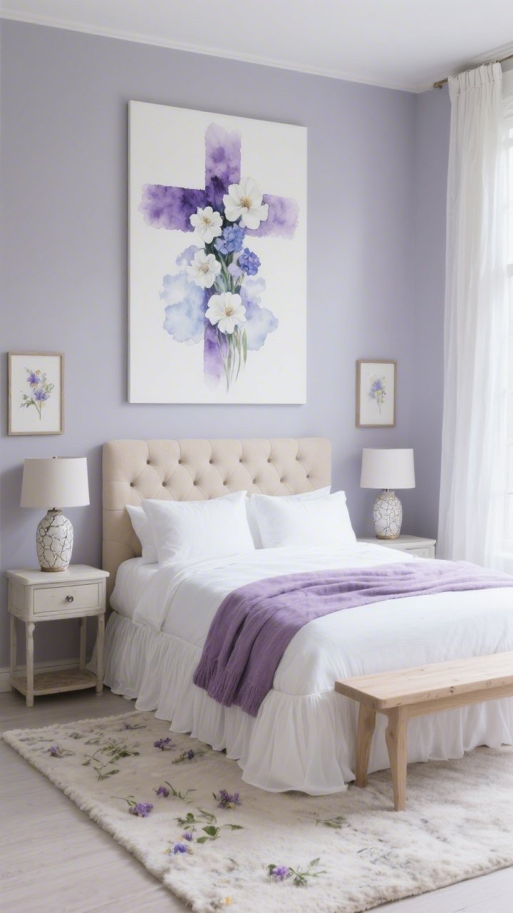 Medium bedroom shot with serene, airy atmosphere: misty lavender-gray painted walls, a tufted oatmeal headboard centered beneath a watercolor-style floral cross print that blends lavender, periwinkle, and cloud-white petals in a soft cross silhouette; bed dressed in crisp white percale with a lilac linen throw folded at the foot; skirted bedside tables replacing heavy nightstands, each with a ceramic lamp featuring a crackle glaze; a pale wood bench at the foot of the bed, sheer white drapes filtering daylight; textures of linen, percale, ceramic glaze, soft wool rug underfoot; include subtle pressed floral frames as quiet companions near the artwork; photorealistic, calm and elegant.