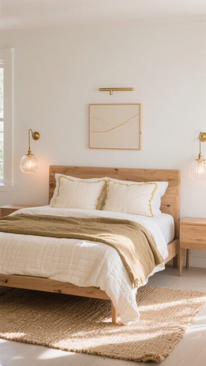 Medium bedroom vignette, straight-on: Sunlit Bedroom With Gilded Linen Layers featuring a natural oak bed with simple silhouette; stone-washed linen sheets in warm white, layered with a khaki duvet and buttercream quilt; pillow shams edged with delicate piped gold; above, a brushed-brass picture light illuminating minimalist art; fluted glass pendants with warm bulbs at each side; underfoot, a jute-and-silk blend rug with subtle sheen; soft morning sunlight streaming through, palette of warm white, khaki, buttercream, and soft brass; calm, airy, refined shimmer.