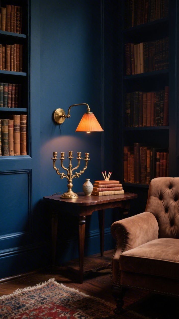 Medium-close vignette in a moody library nook with warm, amber lamp light: ink-blue walls and built-in bookcases blurred in background, worn Persian rug tones peeking at frame edge. On a dark walnut side table, a cast brass menorah with old-world detailing, slightly weighty and aged, lit to throw amber light across linen-bound book spines and walnut grain. Add a petite brass swing-arm sconce glow, a ceramic match striker, and a small stack of books; nearby hints of a tufted tobacco-brown club chair arm. Palette ink blue, walnut, oxblood, antique brass; textures wool, leather, patinated metal, book cloth. Photorealistic, intimate corner angle, scholarly and mysterious mood.