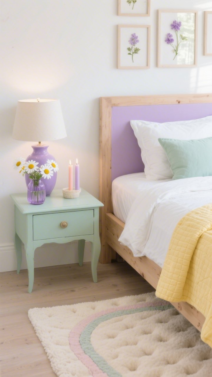Medium closeup, Pastel Peace Garden bedside vignette: light wood bed against a pearl white wall with a lavender half-wall; white percale bedding with a butter-yellow quilt folded at the foot and mint euro shams propped neatly; tufted cream rug with subtle pastel arcs under the bedside area; mint-painted nightstand holding a lavender glass vase with fresh daisies and pastel taper candles; ceramic bedside lamp softly illuminating; pressed flower frames on the wall; gentle morning light, calm and airy, photorealistic.