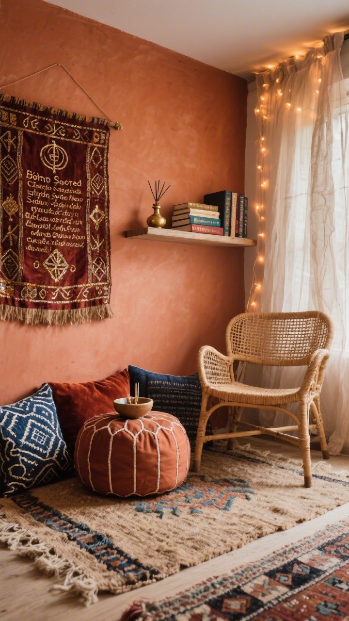 Medium corner angle: A “Boho Sacred Studio Nook” with a terracotta wall, rattan accent chair beside a low pouf, layered rugs (jute base with a kilim top), a hand-stitched wall tapestry featuring metallic-thread scripture and symbols, a floating altar shelf styled with a brass incense burner, stacked prayer books, and a tiny ceramic bowl for intentions, pillows in indigo block print and rust velvet, gauzy curtains with warm fairy lights softly glowing; tactile, eclectic, and intimate.