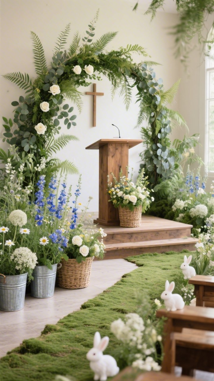 Medium corner angle: A botanical “Garden Chapel” scene with abundant greenery and organic movement. A living arch behind the pulpit built from eucalyptus, ruscus, ferns, and white roses; wildflower clusters—cornflowers, daisies, Queen Anne’s lace—nestled in galvanized buckets along the aisle. Color palette of fern green, cream, cornflower blue, and butter white. A rustic wood lectern at center, woven baskets filled with florals at stage corners, and a moss runner on the communion table accented by subtle white ceramic bunnies. Soft natural lighting, photorealistic, no people.