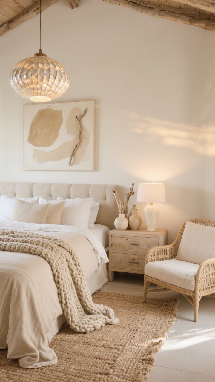 Medium corner angle: A serene neutral bedroom in sand, oat, and stone hues with a natural linen upholstered headboard, oatmeal bedding, and a chunky knit throw cascading over the side. A bleached wood dresser holds ceramic vases and pale driftwood; a caned accent chair with a cushy linen seat sits nearby. Overhead, a capiz shell pendant glows softly; alternate soft alabaster table lamp on a nightstand. Handwoven jute or wool-jute blend rug underfoot, tone-on-tone abstract art on the wall. Golden-hour ambient light, calm and airy, photorealistic.