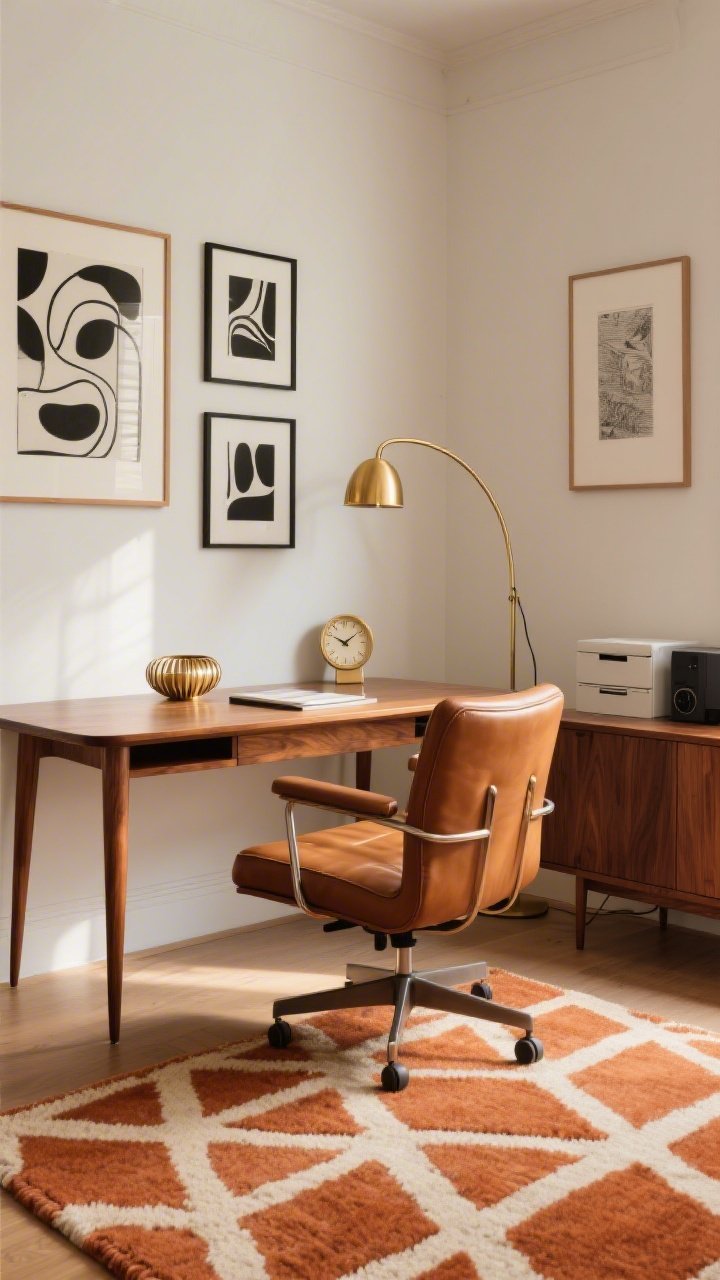 Medium corner angle: A warm mid-century studio featuring a walnut executive desk on tapered legs, paired with a cognac leather swivel chair that evokes a vintage car seat. Underfoot, a geometric wool rug in terracotta and cream anchors the scene. To one side, a low walnut sideboard holds files and tech. A brass arc floor lamp curves over the desk, while a trio of black-and-white abstract prints hangs on the wall. Add a spun brass catchall on the desktop and a mid-century clock. Palette of walnut, cognac, brass, and cream, with soft afternoon light. Photorealistic.