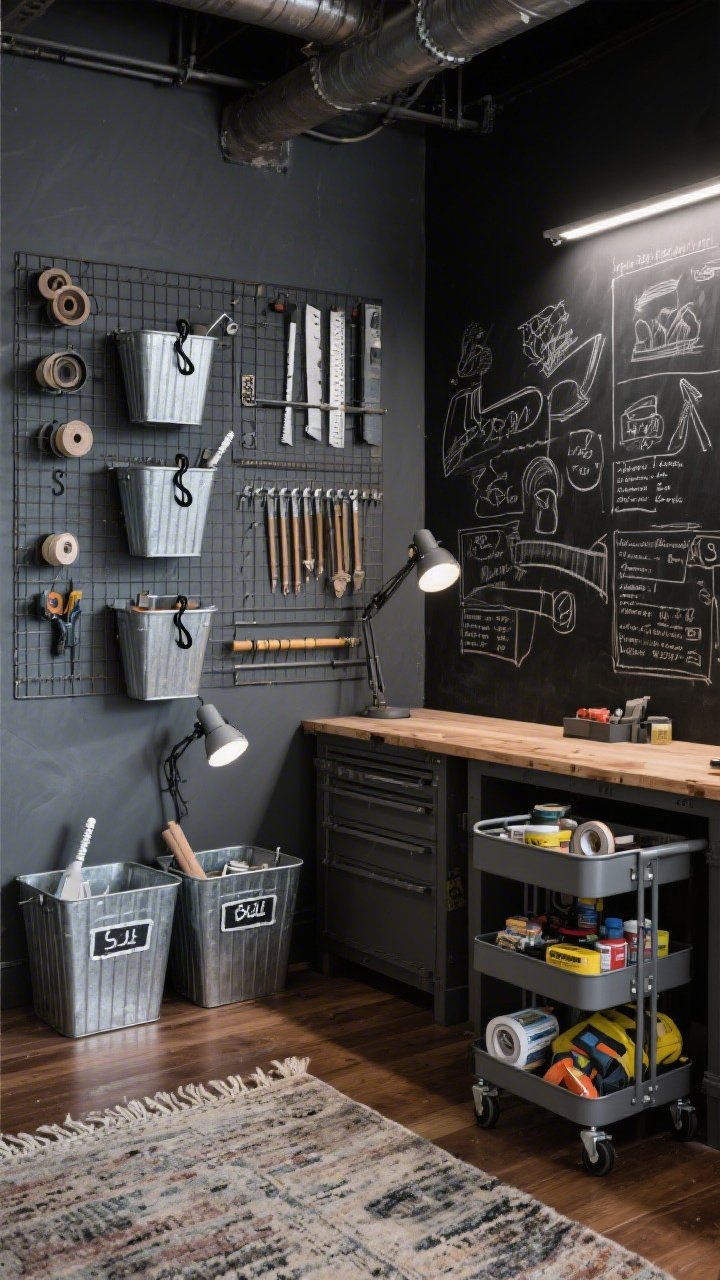 Medium corner angle: An industrial chalkboard workshop with a peel-and-stick chalkboard wall filled with sketches and supply lists. Metal grid panels with S-hooks display tools; galvanized bins secured with black zip-ties organize materials. Magnetic strips hold blades and rulers. The palette is charcoal, zinc, and walnut, with a worn-look rug softening the floor. Bins labeled with a white chalk marker, clip-on work lights attached to the grid, and a dowel rack mounted to the grid showcasing spools. A matte graphite rolling tool cart holds adhesives, tapes, and safety gear. Moody directional task lighting, photorealistic.