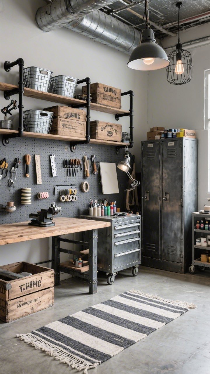 Medium corner angle: An industrial upcycle workshop with exposed shelving on black pipe brackets holding galvanized bins, wire baskets, and reclaimed wood crates with stenciled labels; a butcher-block workbench with a vise, concrete floor layered with a striped indoor–outdoor rug; a full slate gray pegboard grid organized with tools, rulers, washi tape, and spools; caged pendant lights overhead and a clamp-on task lamp attached to the bench; a rolling metal cabinet for paints and a tall locker for oversized canvases; rugged and organized, photorealistic, no people.