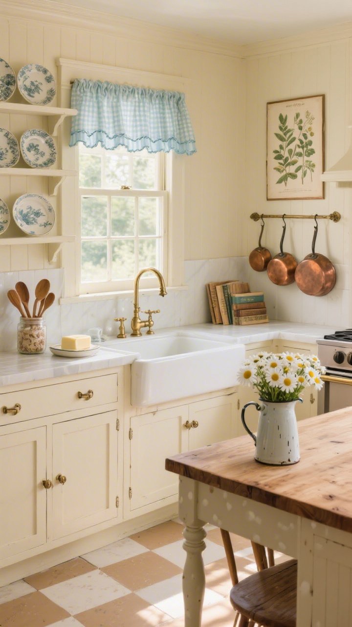 Medium corner angle: Hearthside kitchen vignette with creamy mushroom-painted cabinets and antique brass hardware, a farmhouse sink with a bridge faucet under a window dressed in pale blue ruffled gingham curtains. Open shelves display transferware dishes and well-worn cookbooks; copper pots hang on a rail. Checkerboard floors in soft tan and ivory lead to a butcher-block island with a jar of wooden spoons and a ceramic butter dish. A small drop-leaf table beneath a vintage botanical print holds an enamel pitcher of daisies. Warm morning light, nostalgic and homey, photorealistic.