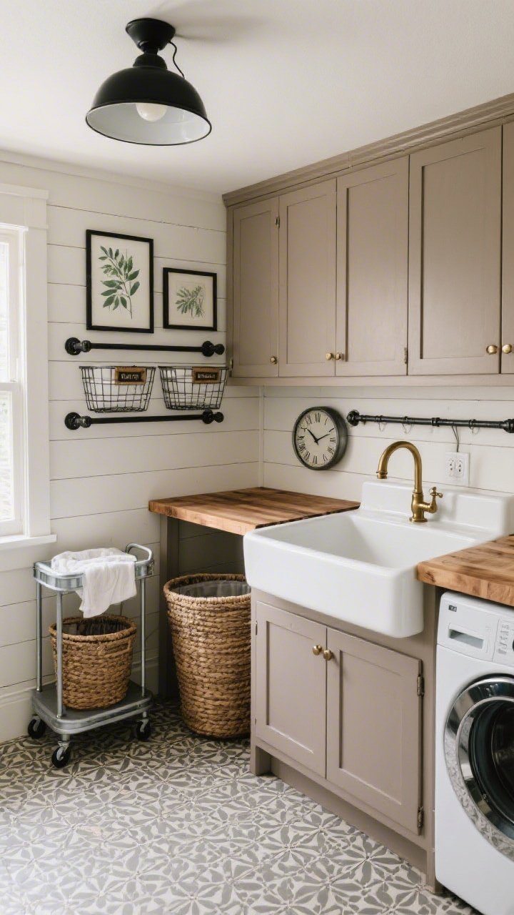 Medium corner angle: Modern farmhouse utility laundry with mushroom taupe shaker cabinets and a butcher block countertop doubling as a folding station. Horizontal shiplap wall with black iron pipe shelves holding labeled wire baskets. A deep white utility sink with a brushed brass bridge faucet as focal point. Vintage-motif durable patterned vinyl tile flooring, barn-style matte black flush mount ceiling light, framed botanical prints, and a galvanized wall clock. A slim rolling cart between machines, woven hampers, and a wall-mounted drying rail; warm, rugged, and practical mood.