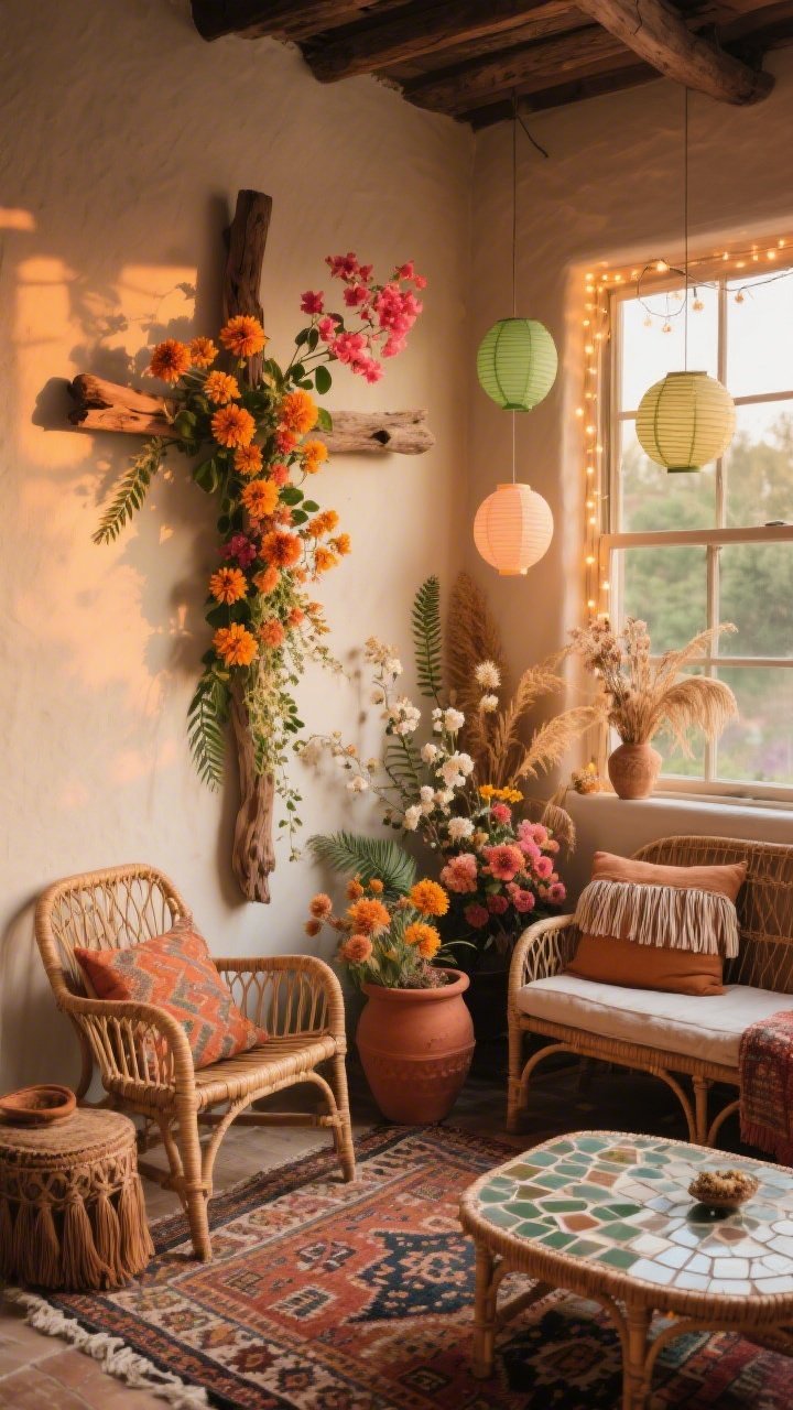 Medium corner angle of a boho sunroom at golden hour. A driftwood cross on the wall is laced with marigolds, bougainvillea, and strawflower in sunset hues, styled asymmetrically with trailing jasmine and delicate fern fronds cascading down one arm. Rattan lounge chairs, a cane daybed, terra-cotta pots, tassel-edged pillows, patterned kilim rugs, and a low mosaic table add layered texture. Palette: burnt sienna, coral, ochre, leaf green. Paper lantern pendants and twinkle lights glow around the window frame. Mixed dried and fresh blooms for a lush but lived-in look.