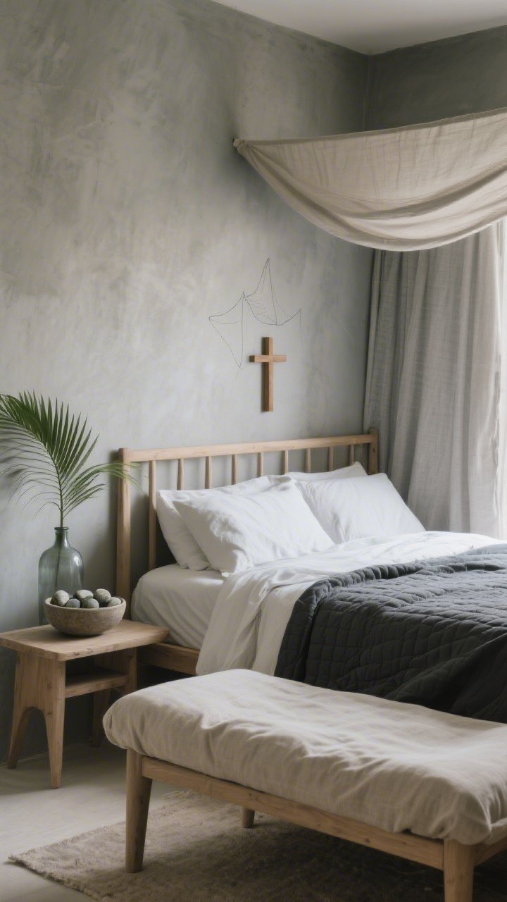 Medium corner angle of a contemplative bedroom with soft, diffused morning light: gray washed walls, light oak bed frame with layered percale sheets and a charcoal quilt; a linen-wrapped bench at the foot of the bed; nightstand with a stoneware bowl of smooth river rocks; a single palm leaf in a smoky glass vase; above the headboard, a small wooden cross or minimal line drawing; a linen canopy panel draped softly behind the bed; palette of fog gray, charcoal, oat, and muted green; monastic textures, calm atmosphere, photorealistic, no people.
