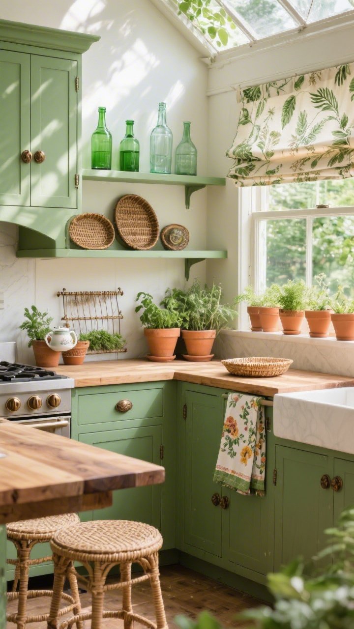 Medium corner angle of a garden-inspired green kitchen flooded with sunlight: sage/moss green cabinets with antique bronze knobs, butcher block island doubling as a potting station; wicker bar stools tucked in; terracotta pots lined across a bright windowsill; botanical-print Roman shade partially lowered; open shelving displaying vintage green and clear glass bottles catching light; aged bronze tones, woven trays, herb-drying rack, and floral tea towels present; airy greenhouse mood with fresh, natural light, no people, photorealistic.
