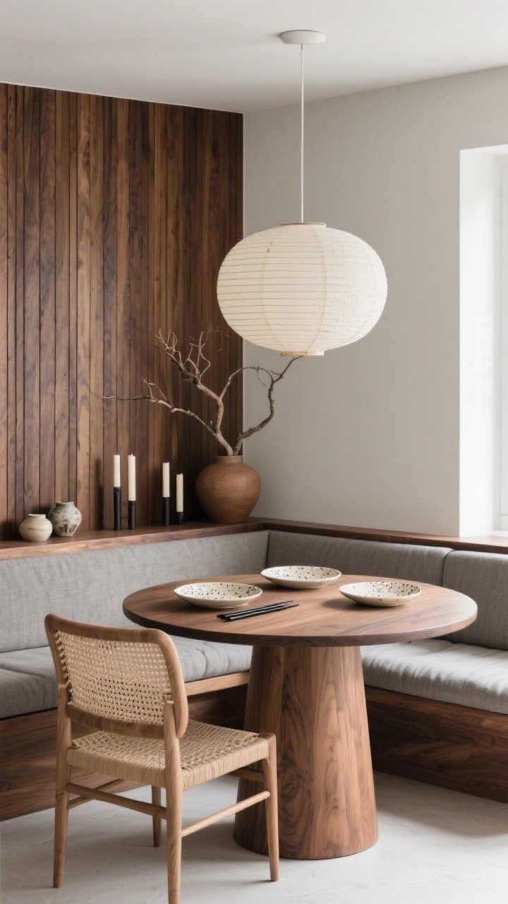Medium corner angle of a Japandi dining nook: walnut vertical slat wall rising to banquette height behind a built-in bench, continuing as a shallow ledge displaying ceramics, a single sculptural branch in an earthy vase, and taper candles; linen seat cushions in stone-gray; round ash wood table with softly beveled edges; two woven paper-cord chairs on the open side; oversized rice paper pendant centered above; tabletop set with stoneware plates in speckled cream and black chopsticks; serene, intentional, zen warmth, soft daylight, photorealistic, no people.