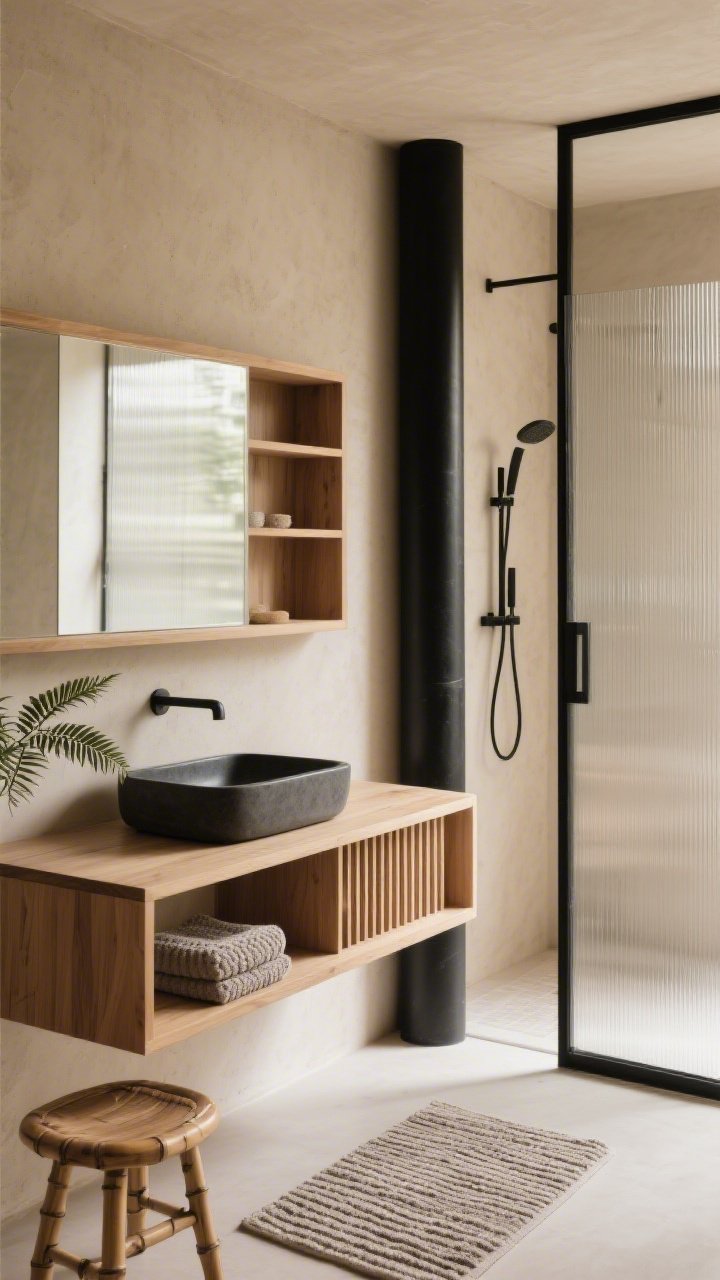 Medium corner angle of a Japandi retreat: warm sand-beige microcement walls, slim oak console vanity with open slat shelving supporting a charcoal basin sink, panel of reeded glass forming the shower screen that blurs edges while passing light, matte black shower column as a striking vertical accent, palette of sand, oat, charcoal, and matte black; tactile details include waffle cotton towels, a ribbed bath mat, and a small bamboo stool; a low-light fern on a ledge softens lines; soft indirect daylight with gentle shadows; calm, spa-like.