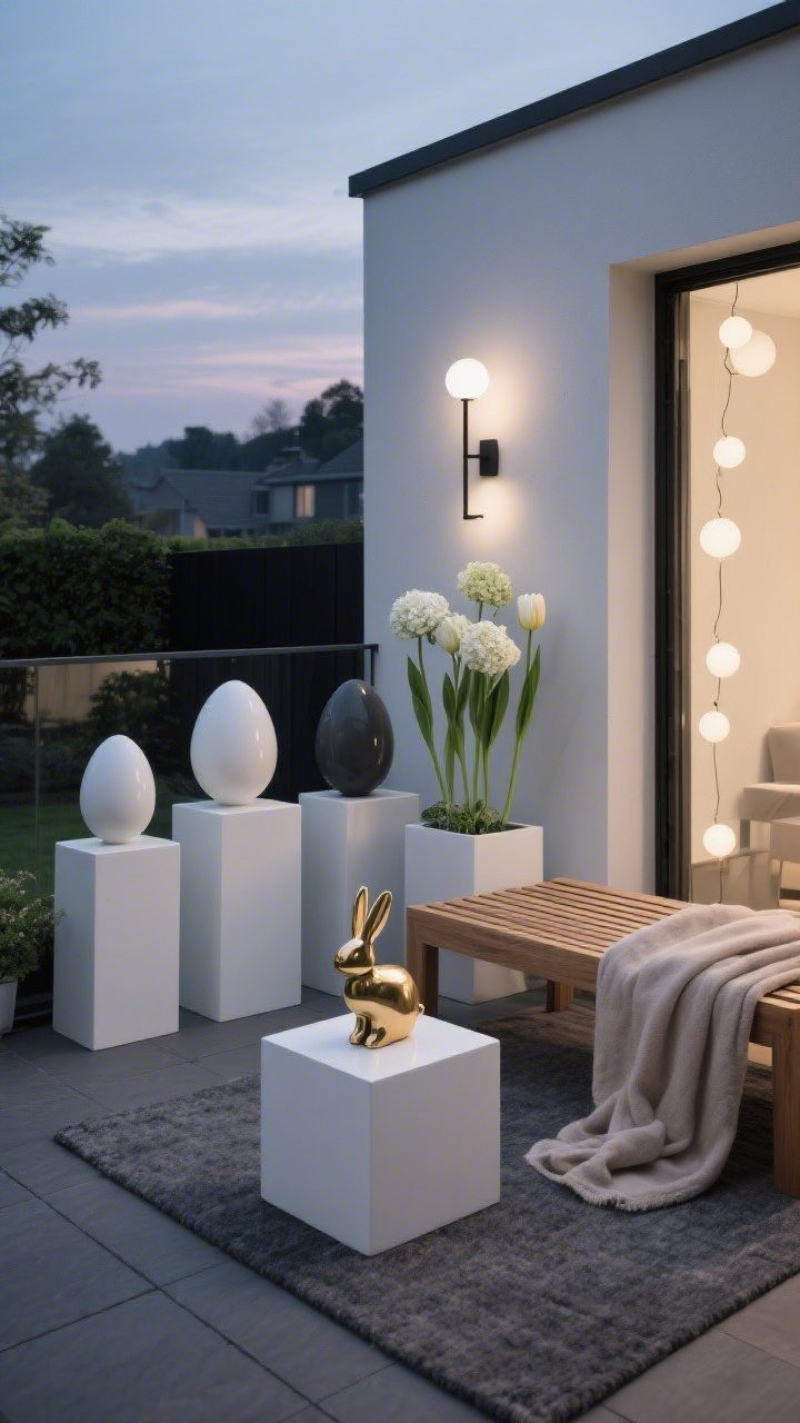 Medium corner angle of a modern terrace at twilight: a slatted wood bench on a graphite outdoor rug; white cube planters holding structured hydrangeas and a few tall architectural tulips; a trio of oversized resin eggs in matte white and charcoal displayed on sleek pedestals; a pale taupe linen throw draped neatly; a single brass bunny figurine for a subtle glint; minimalist tube sconces (or sphere string lights) casting refined, even illumination; palette of charcoal, white, taupe, soft green; photorealistic minimal calm.