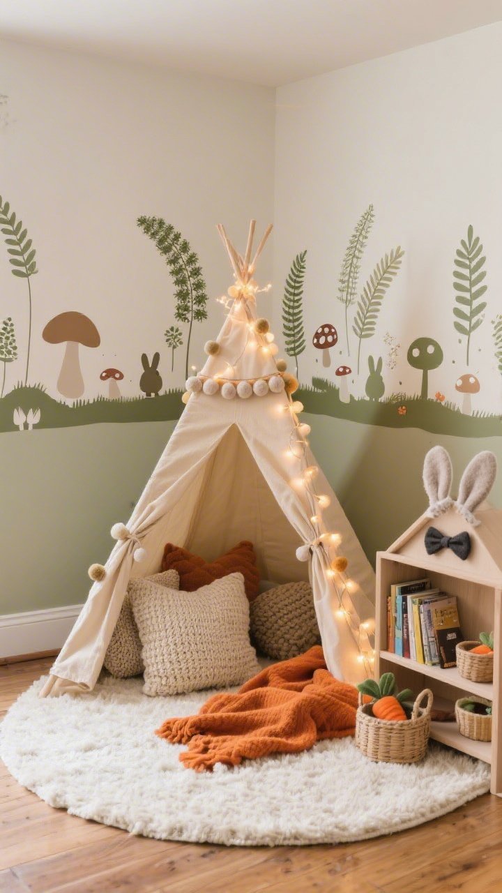 Medium corner angle of a whimsical kids’ play nook: a low oatmeal-canvas teepee tent with pom-pom trim set on a plush cream rug; inside, a nest of chunky knit pillows and a carrot-orange throw for color pop; behind, removable woodland decals—ferns, mushrooms, and tiny bunny silhouettes along the baseboard; a pint-sized bookshelf styled with felt bunny ears, bow ties, and mini baskets as dress-up props; twined warm fairy lights around the tent entrance casting a magical glow; palette of oatmeal, moss, carrot, flax, warm wood; cozy textures of canvas, knit, felt, wool; photorealistic, no people.